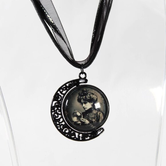 Victorian Moon Necklace – Gothic Cameo of a Fortune Teller, Black Ribbon - Picture 3 of 4